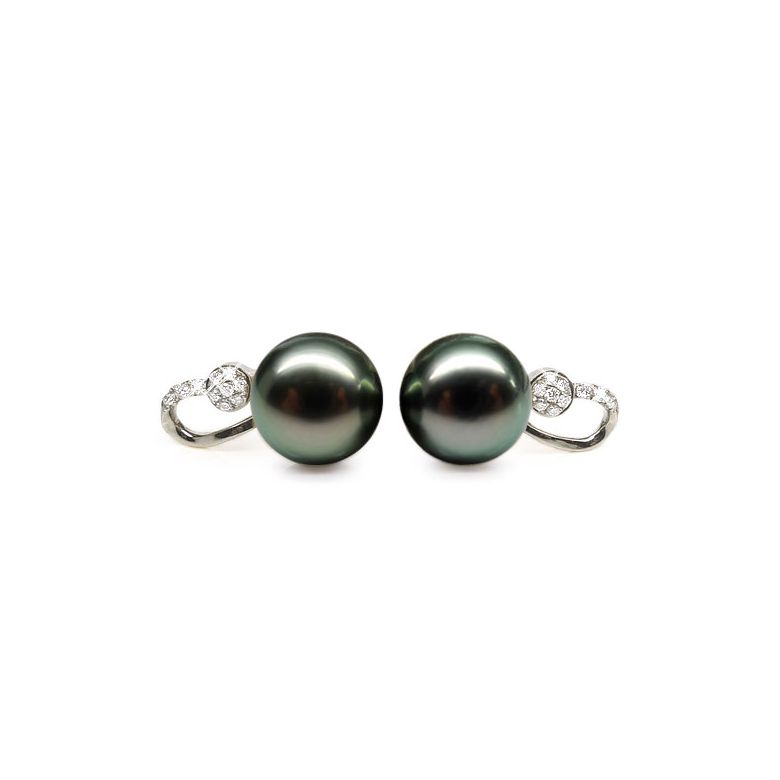 Boucles oreilles - Pendants perles Tahiti noires - Or blanc, diamants - 1