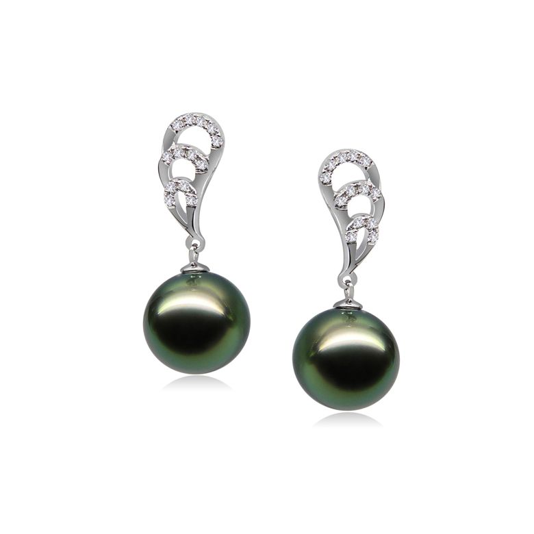 Boucles oreilles plumes de paon - Pendants or blanc - Perles Tahiti - 1