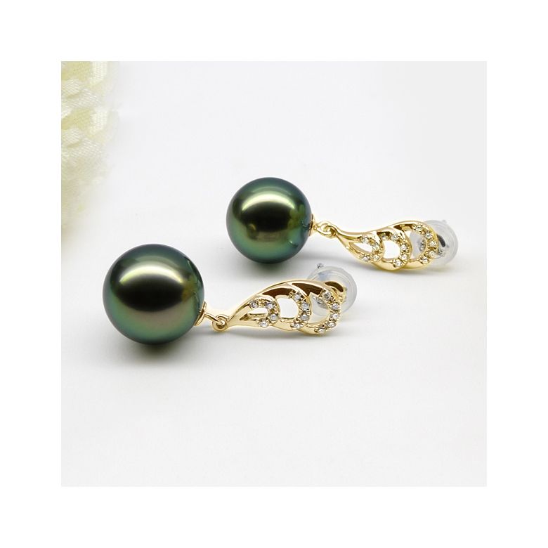 Boucles oreilles ailes de paon - Pendants or jaune - Perles Tahiti - 5