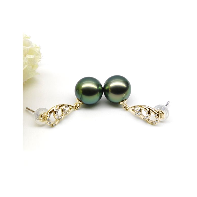 Boucles oreilles ailes de paon - Pendants or jaune - Perles Tahiti - 3
