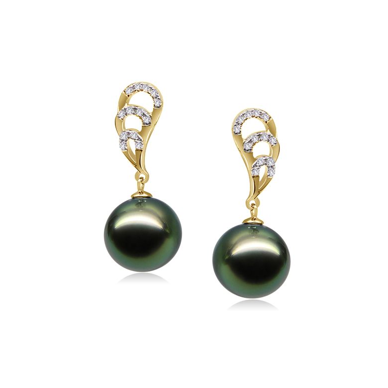 Boucles oreilles ailes de paon - Pendants or jaune - Perles Tahiti - 1