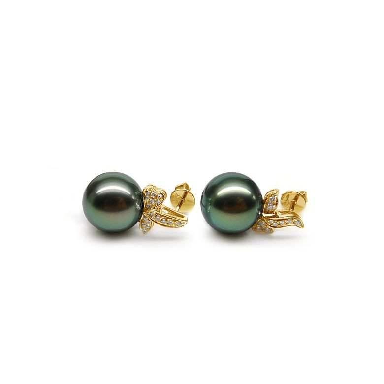 Boucles oreilles perles Tahiti or jaune - Petites oreilles de Bunny - 2