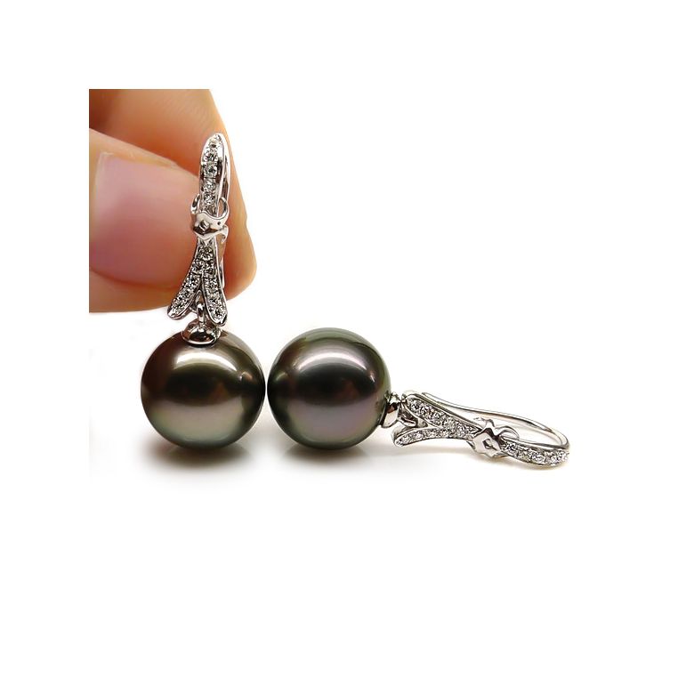 Boucles oreilles ruban avec perles de Tahiti - Or blanc, diamants - 2