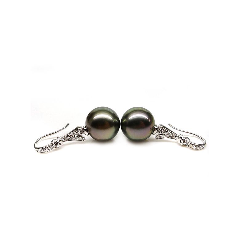Boucles oreilles ruban avec perles de Tahiti - Or blanc, diamants - 1