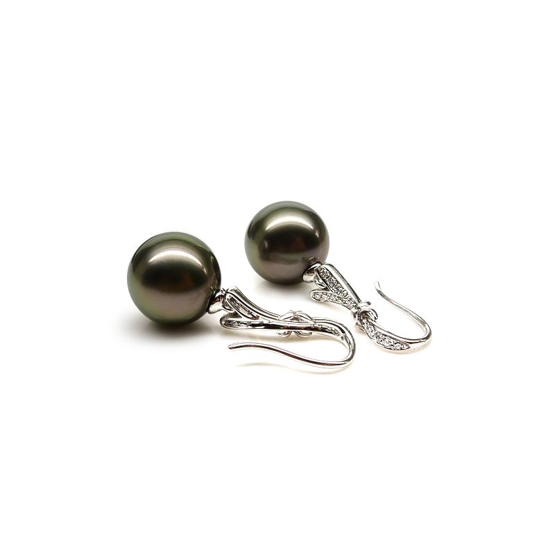 Boucles oreilles ruban avec perles de Tahiti - Or blanc, diamants - 3