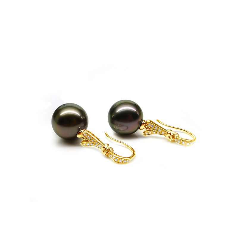 Boucles oreilles ruban avec perles de Tahiti - Or jaune, diamants - 2