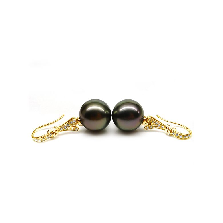 Boucles oreilles ruban avec perles de Tahiti - Or jaune, diamants - 1