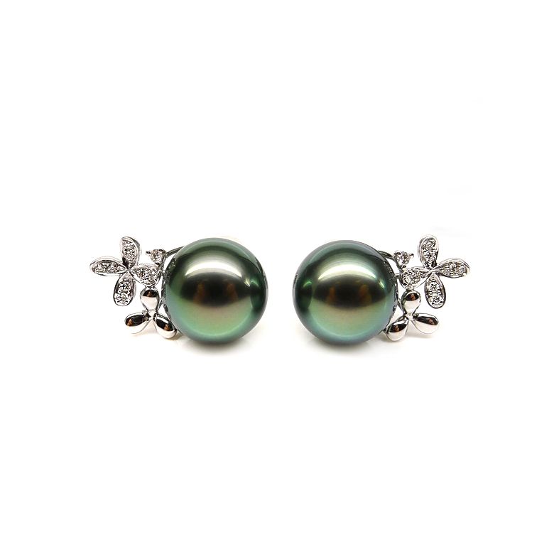 Boucles oreilles perles Tahiti motifs floraux - Or blanc, diamants - 1