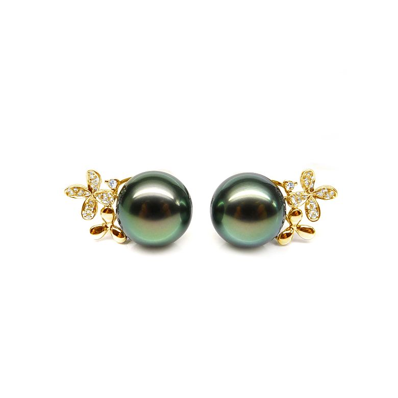 Boucles oreilles perles Tahiti motifs floraux - Or jaune, diamants - 1