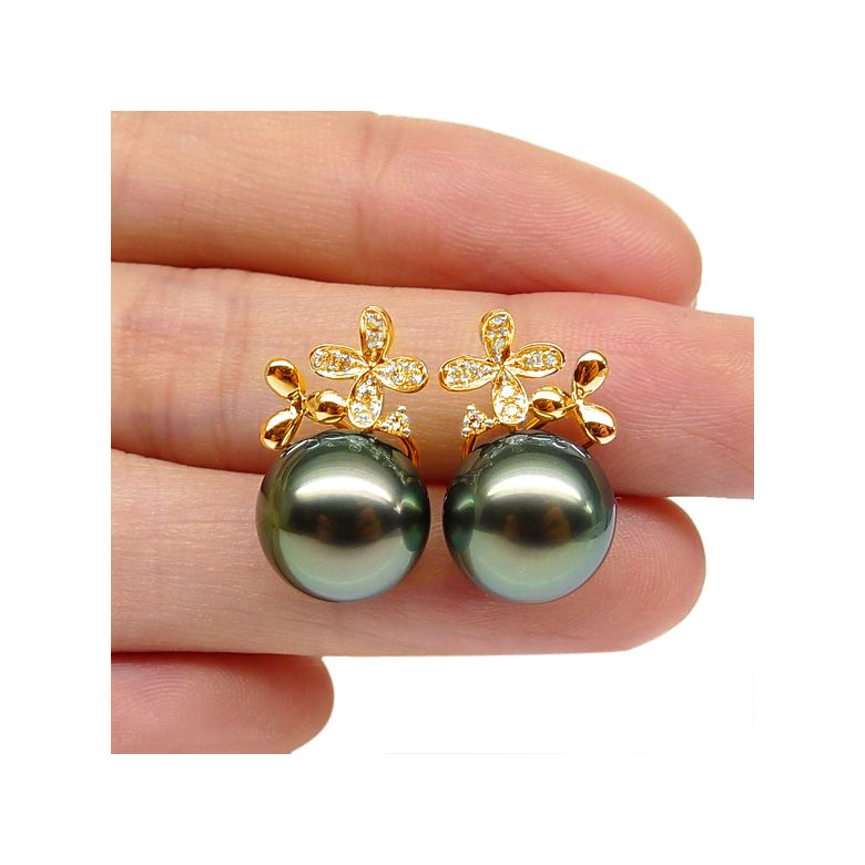 Boucles oreilles perles Tahiti motifs floraux - Or jaune, diamants - 2