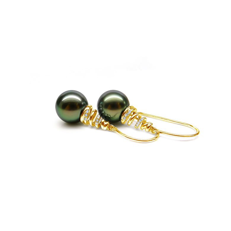 Boucles oreilles spirales torsadées - Perles de Tahiti, or jaune - 1