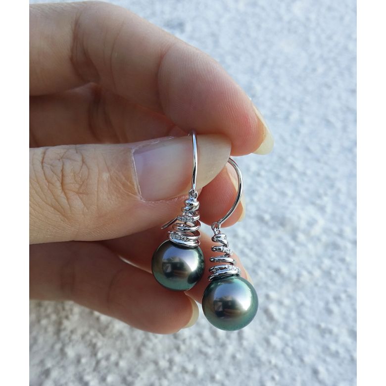 Boucles oreilles spirales torsadées - Perles de Tahiti, or blanc - 2