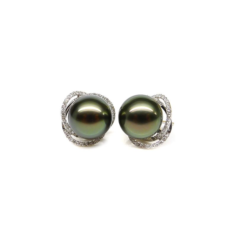 Boucles elliptiques en or blanc - Perles Tahiti, Couronnes diamants - 1