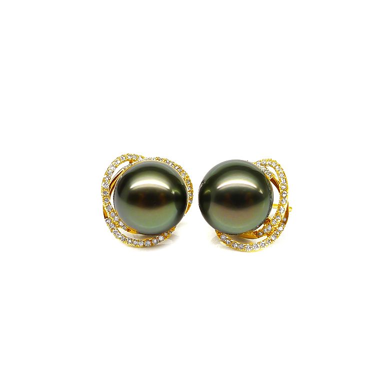 Boucles elliptiques en or jaune - Perles Tahiti, Couronnes diamants - 1
