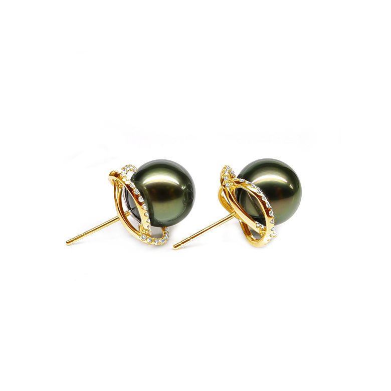 Boucles elliptiques en or jaune - Perles Tahiti, Couronnes diamants - 3