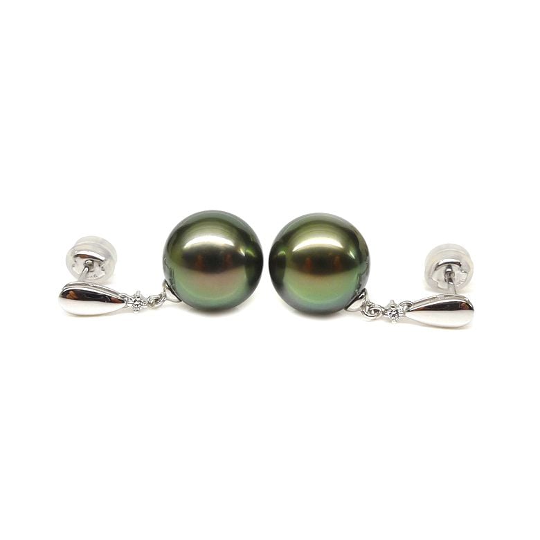 Boucles d'oreilles goutte - Joaillerie perles de Tahiti - Or blanc, Diamants - 1