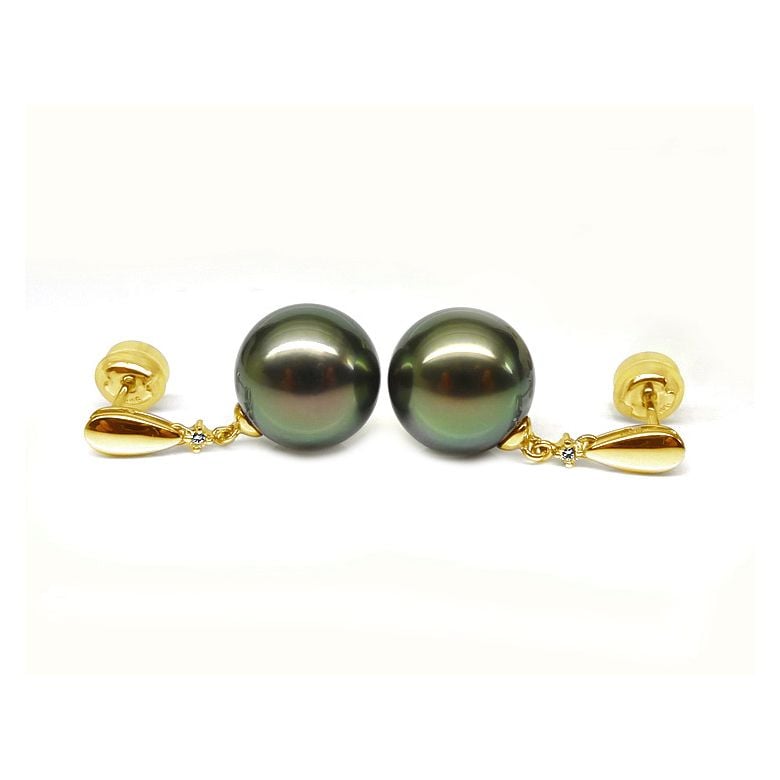 Boucles d'oreilles goutte - Joaillerie perles de Tahiti - Or jaune, Diamants - 1