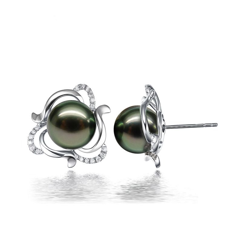 Boucles d'oreilles clous or blanc 18 carats - Perles de Tahiti vertes - 1