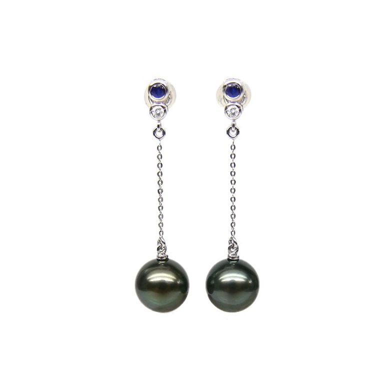 Boucles d'oreilles en or - Perles de Tahiti - Or blanc, diamants, saphirs - 1