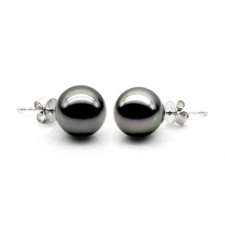 Boucles oreilles clous, or blanc - Perles de Tahiti noires, vertes - 9/10mm, GEMME - 5