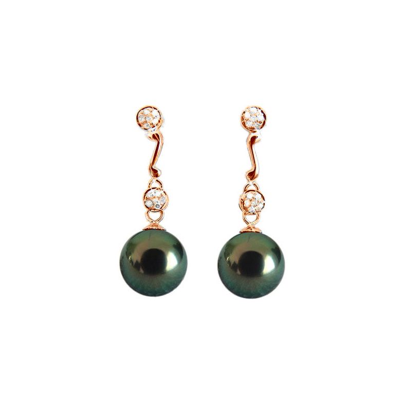 Boucles oreilles pendantes - Perles de Tahiti noires - Or rose - Diamants - 1