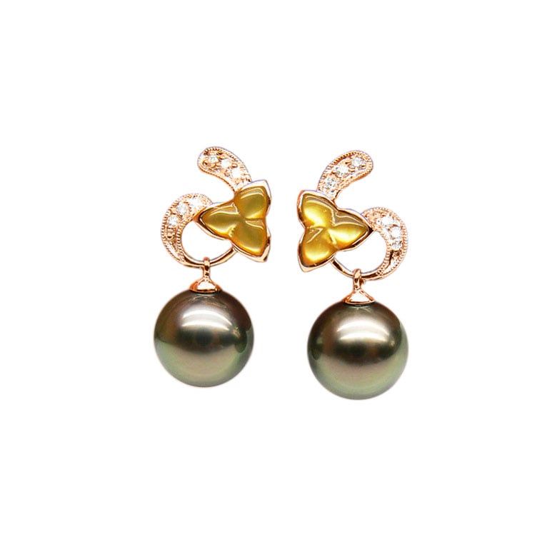 Boucles d'oreilles nacre doree - Perles de Tahiti - Or rose, diamant - 1