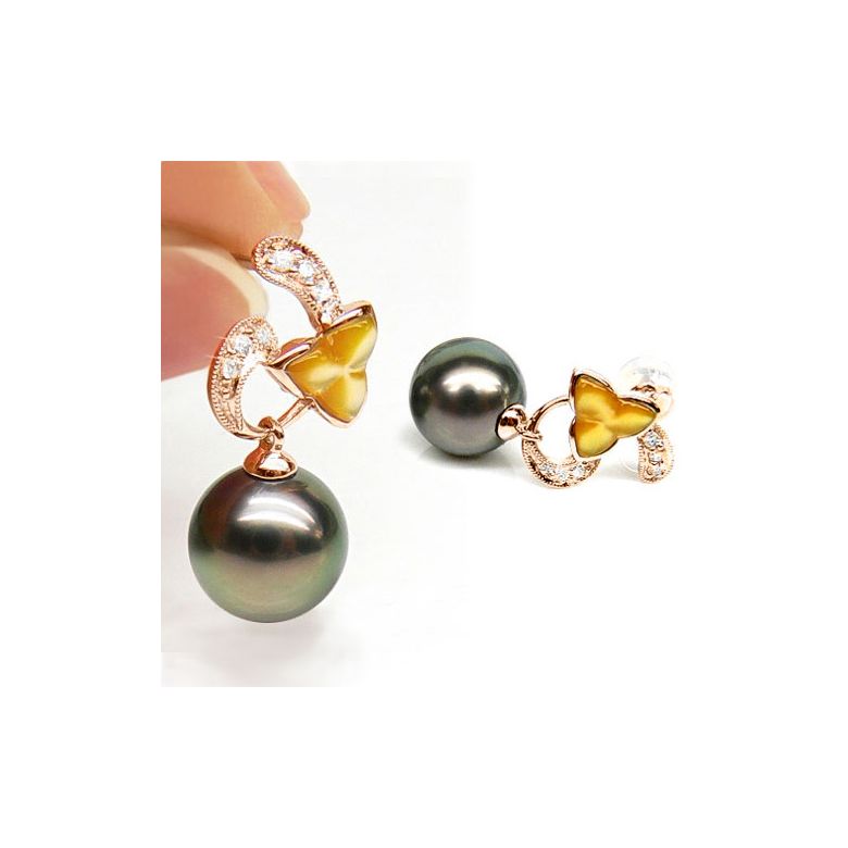 Boucles d'oreilles nacre doree - Perles de Tahiti - Or rose, diamant - 2