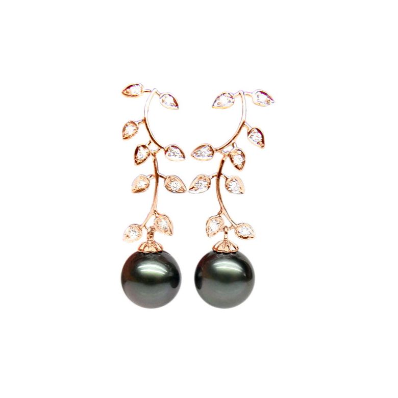 Boucles oreilles Nature - Perles de Tahiti noires - Or rose, diamants - 1
