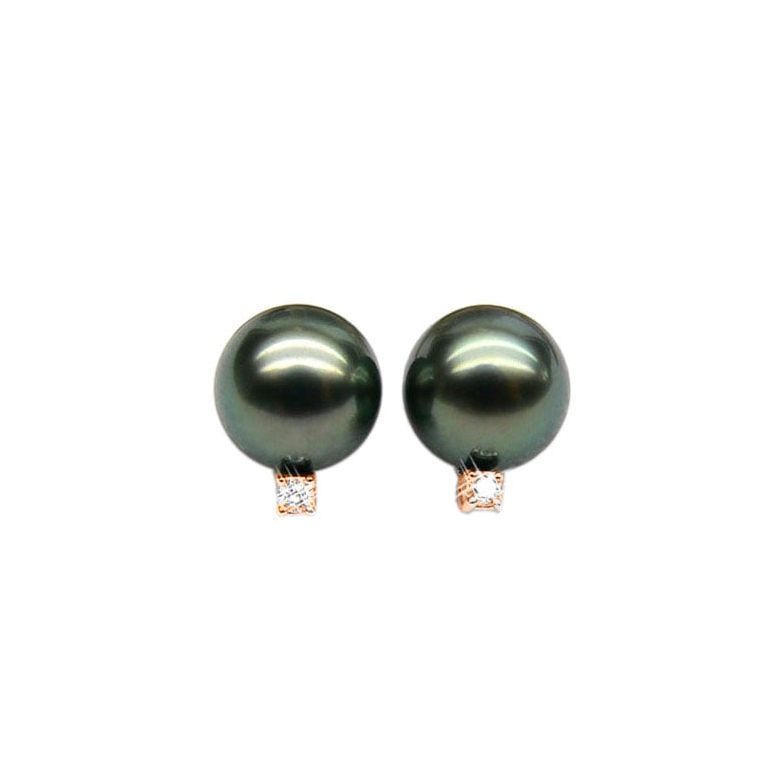 Boucles oreilles perles - Clous or rose - Perle de Tahiti - Puces diamants - 1
