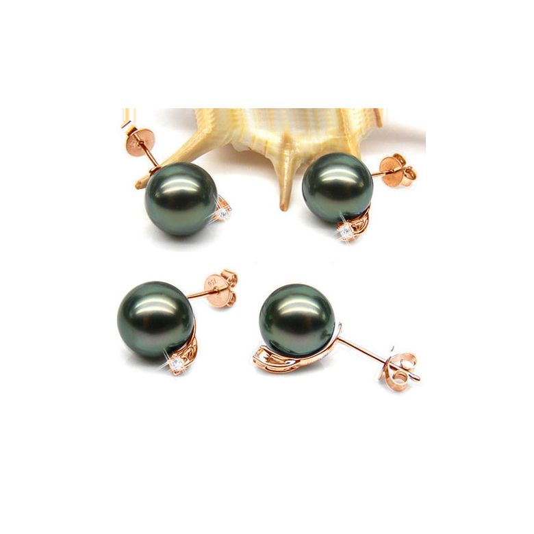 Boucles oreilles perles - Clous or rose - Perle de Tahiti - Puces diamants - 2