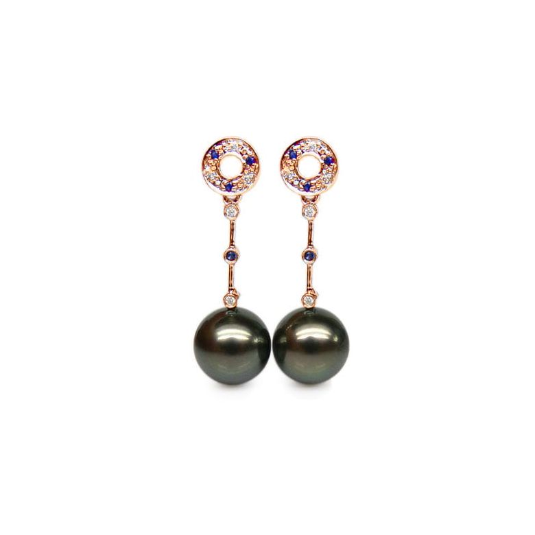 Boucles oreilles - Perles de Tahiti noires - Or rose, diamants, saphirs - 1