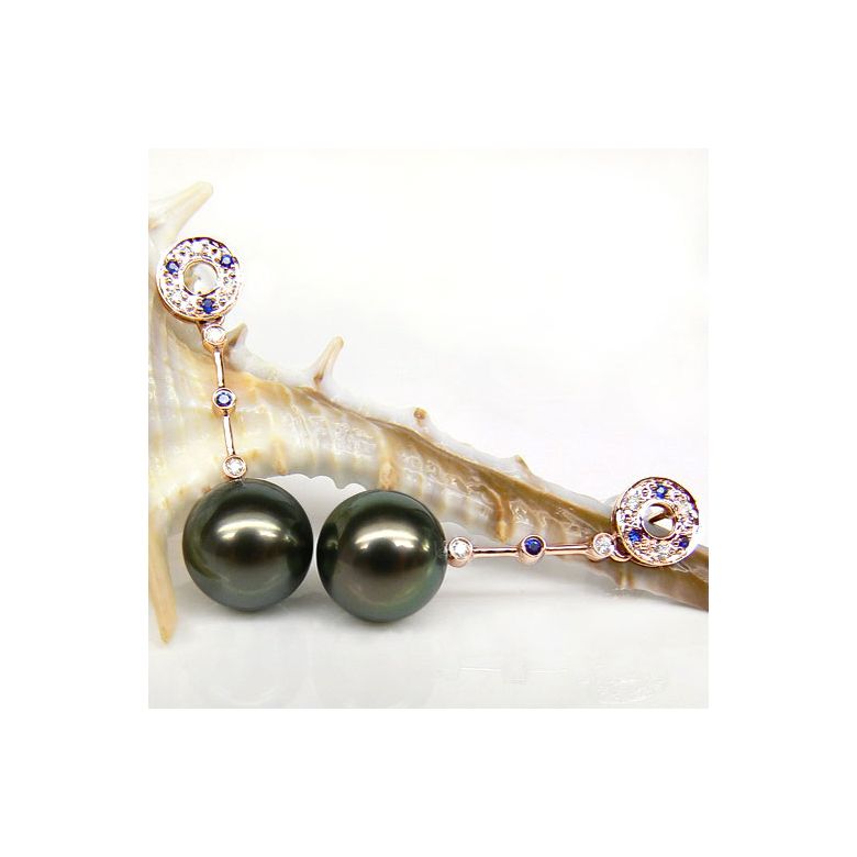 Boucles oreilles - Perles de Tahiti noires - Or rose, diamants, saphirs - 2