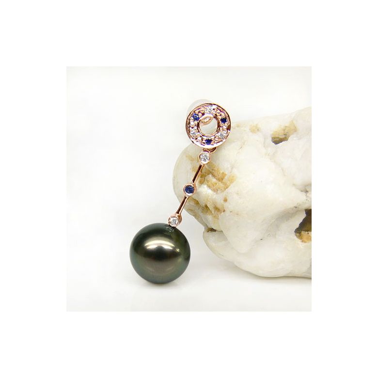 Boucles oreilles - Perles de Tahiti noires - Or rose, diamants, saphirs - 3