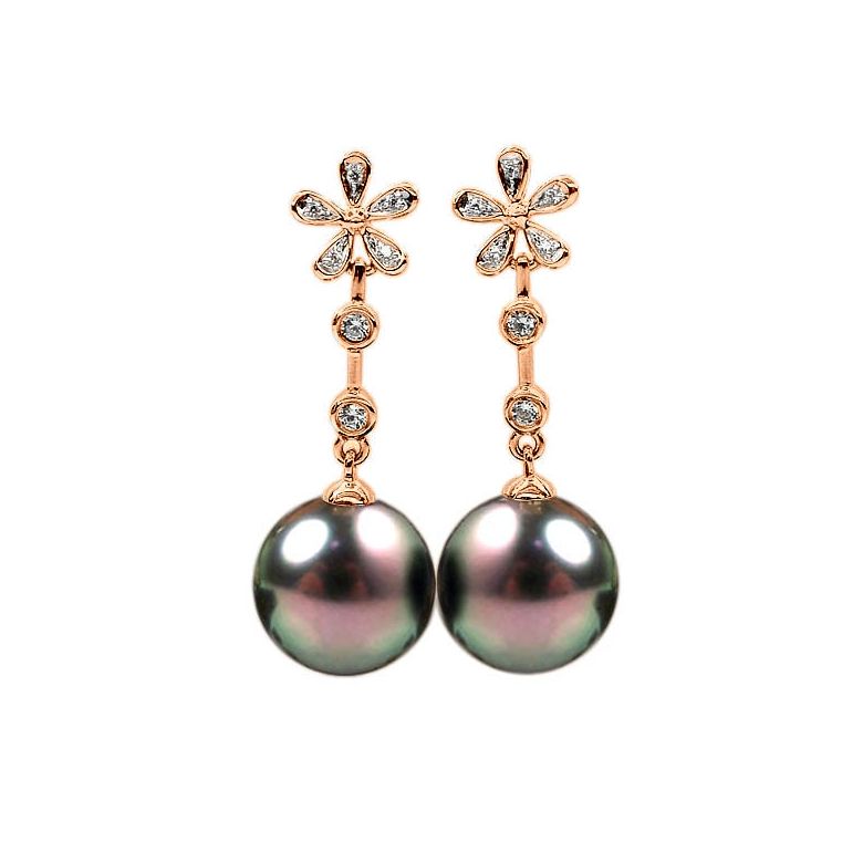 Création Boucles d'oreilles fleurs - Perles de Tahiti - Pendants or rose, diamants - 1