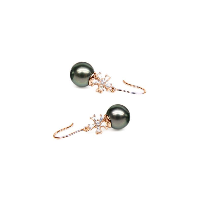 Boucles d'oreilles perles Tahiti - Création florale - Or rose, diamants - 1