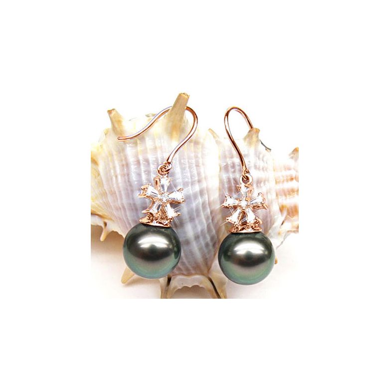 Boucles d'oreilles perles Tahiti - Création florale - Or rose, diamants - 2
