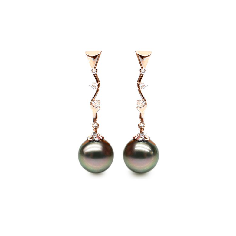 Boucles oreilles perles de Tahiti noires - Style contemporain - Or rose - 1
