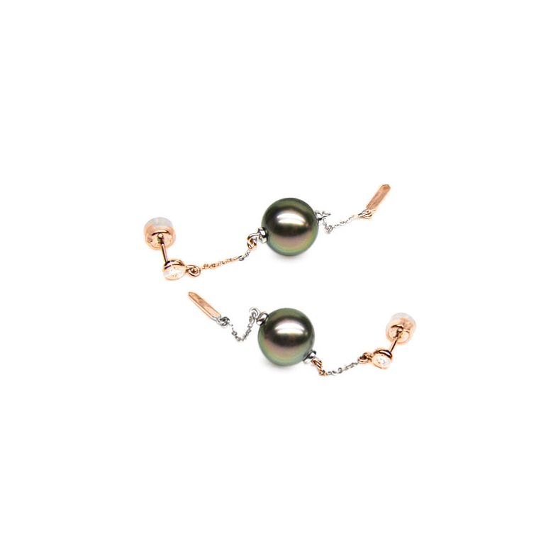 Boucles oreilles perles de Tahiti - Chaine gourmette - Or rose, diamants - 1