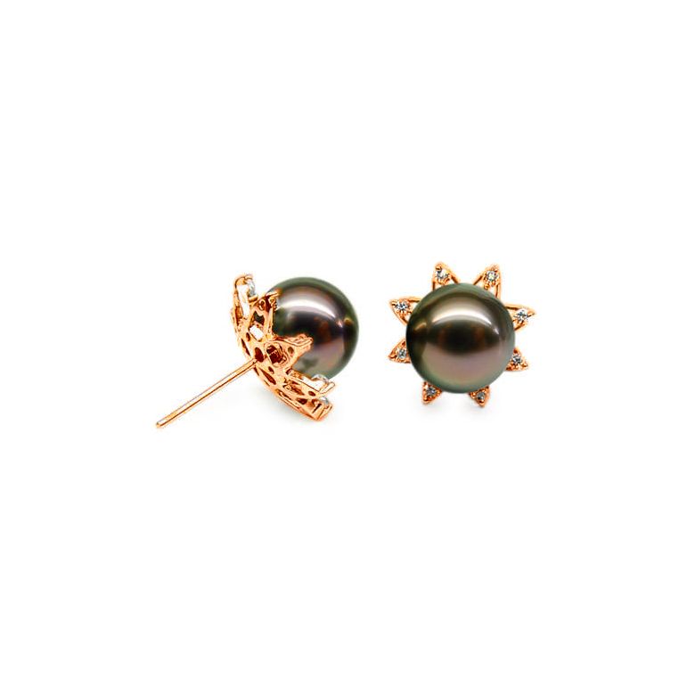 Boucles oreilles perles de Tahiti noires, 9/10mm, GEMME or rose - 1