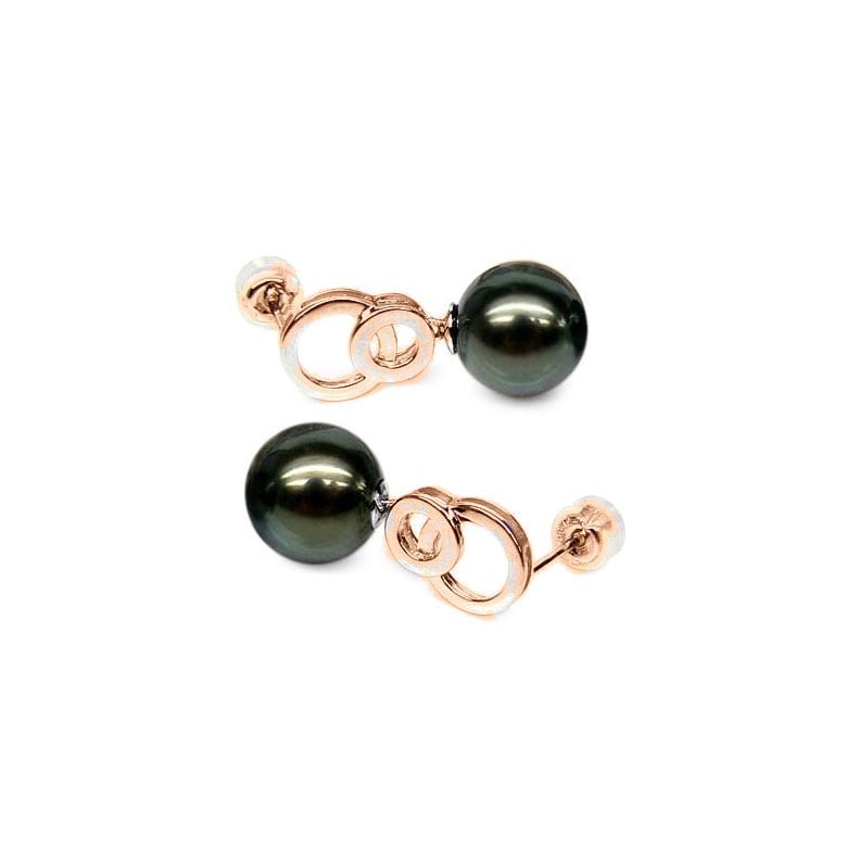 Boucles oreilles anneaux - Perles de Tahiti noires - Or rose, Diamants - 1
