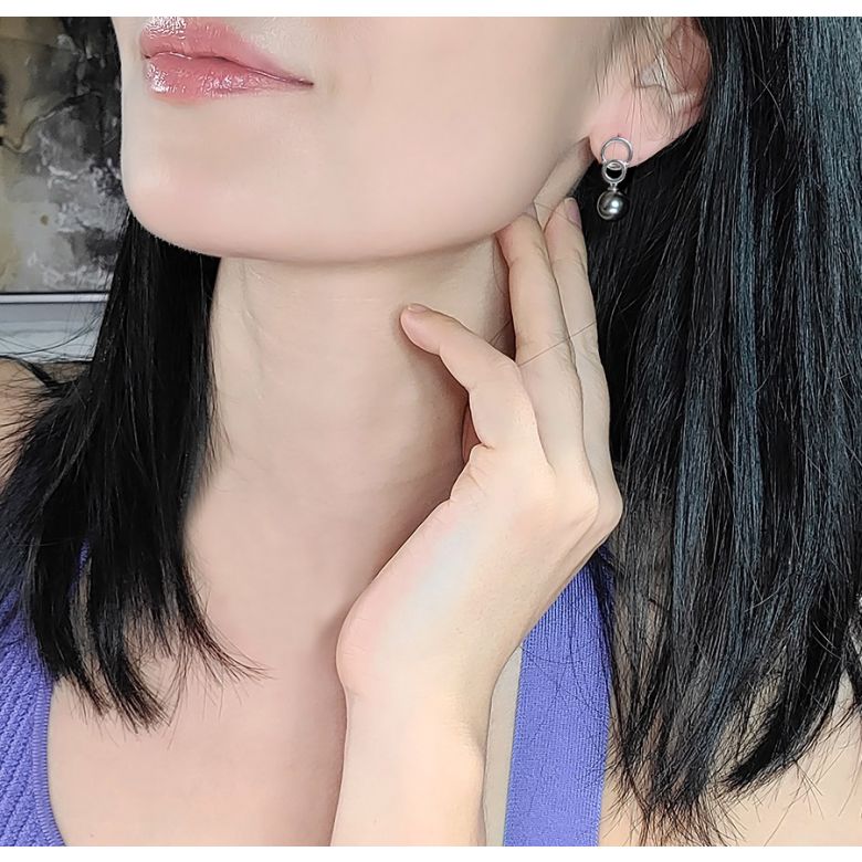 Boucles oreilles anneaux - Perles de Tahiti noires - Or rose, Diamants - 2