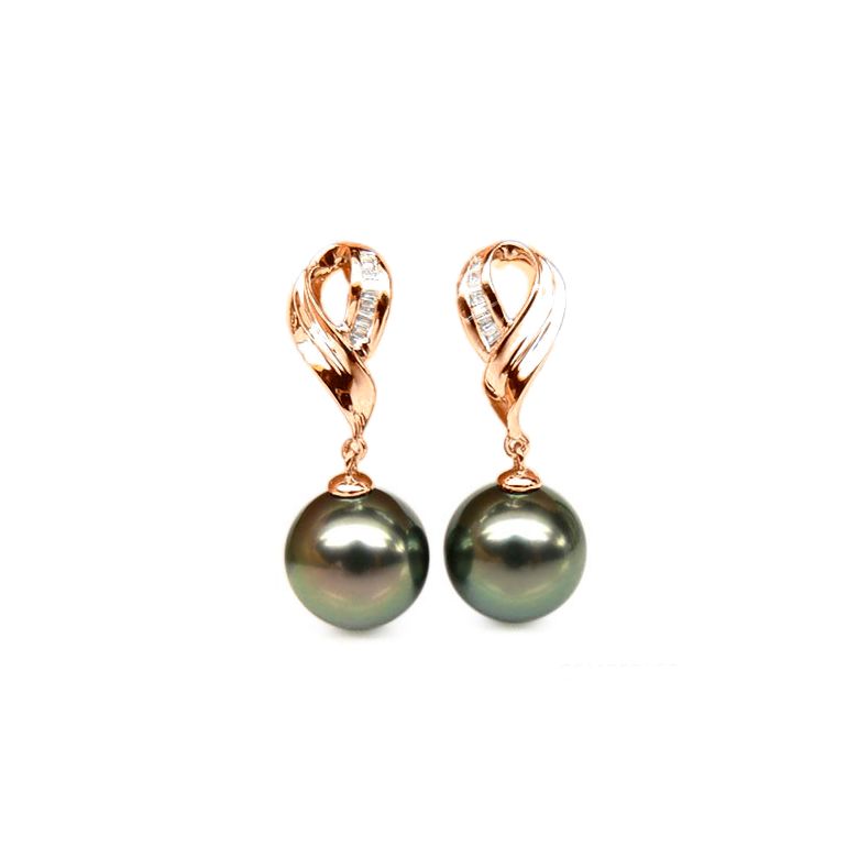 Boucles oreilles perles noires - Perle de Tahiti - Or rose - Diamants sertis rails - 1