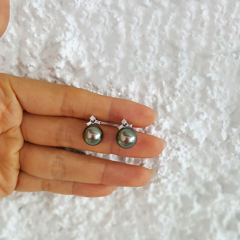 Boucles oreilles perles Tahiti - Or rose - Diamants ronds, émeraudes - 2