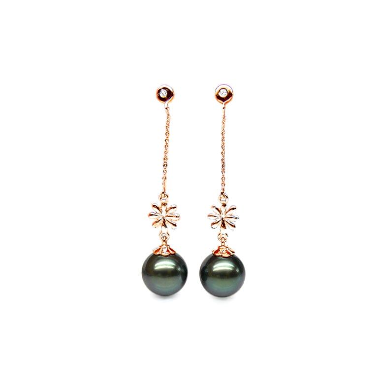 Boucles oreilles fleurs naturelles - Chainettes or rose - Perles Tahiti - 1