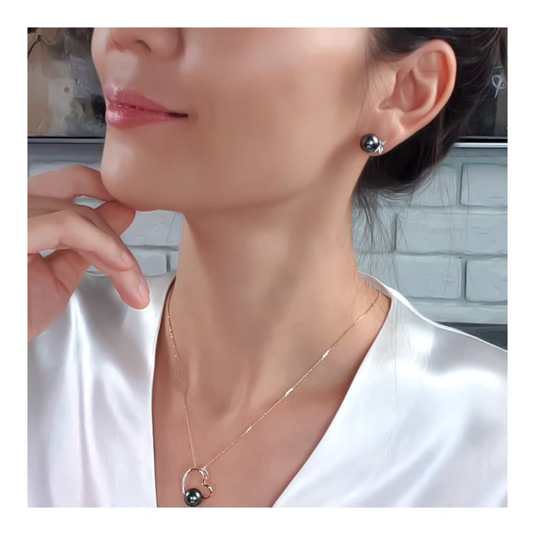Boucles d'oreilles Bunny - Perles de Tahiti, or rose, diamants sertis - 3