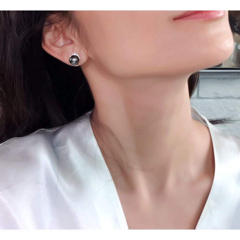Boucles oreilles couronnes or rose - Perles de Tahiti, diamants sertis - 2