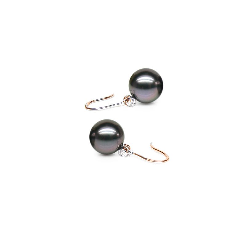 Boucles oreilles crochets - Perles de Tahiti - Or rose, diamant - 1