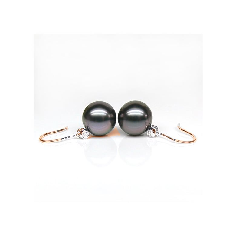 Boucles oreilles crochets - Perles de Tahiti - Or rose, diamant - 2