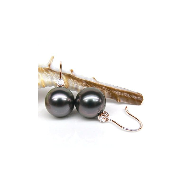 Boucles oreilles crochets - Perles de Tahiti - Or rose, diamant - 3