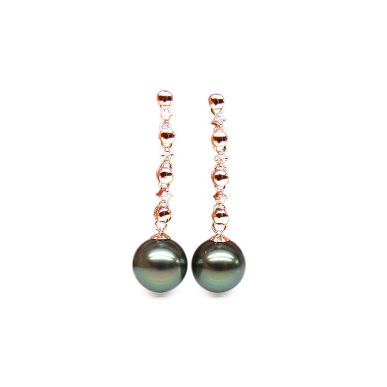 Boucles oreilles chainettes - Perles de Tahiti - or rose, diamants - 1